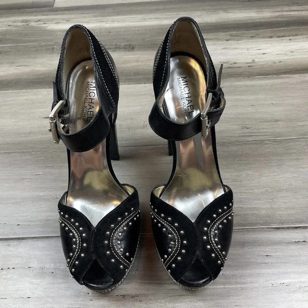 Michael Kors Astor Quarter Strap Heels Women's Black Silver Studs 9